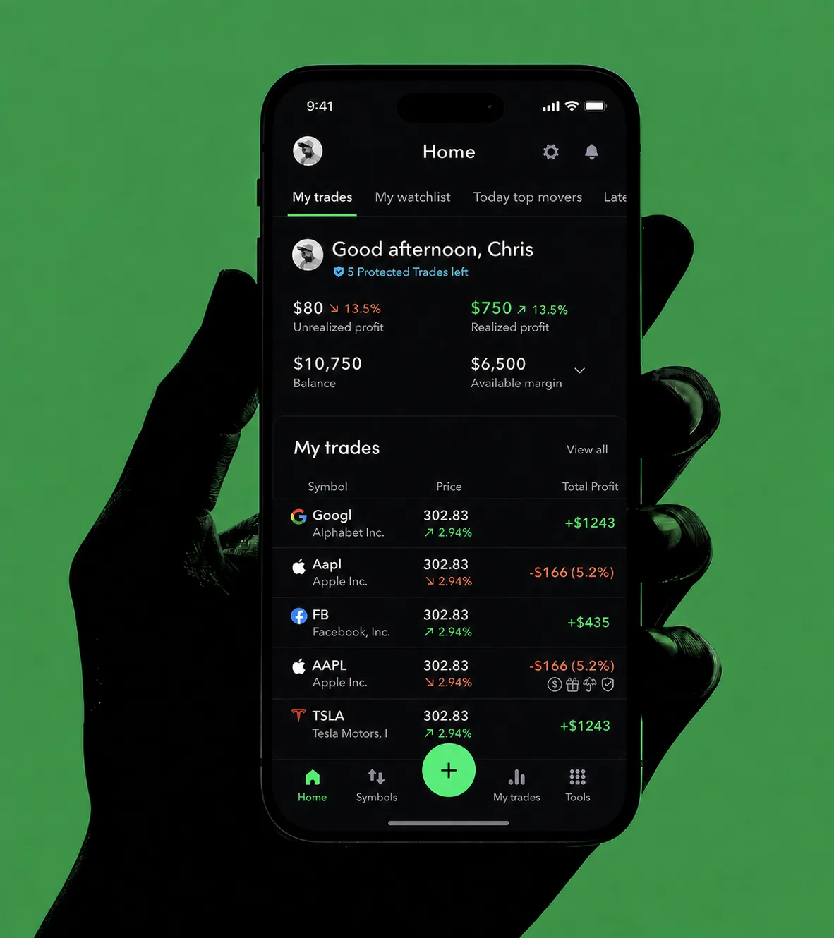 Hand holding a trading platform on a smartphone